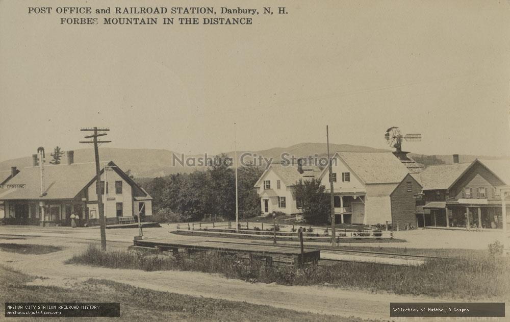 Postcard: Post Office and Railroad Station, Danbury, New Hampshire - Forbes Mountain in the Distance